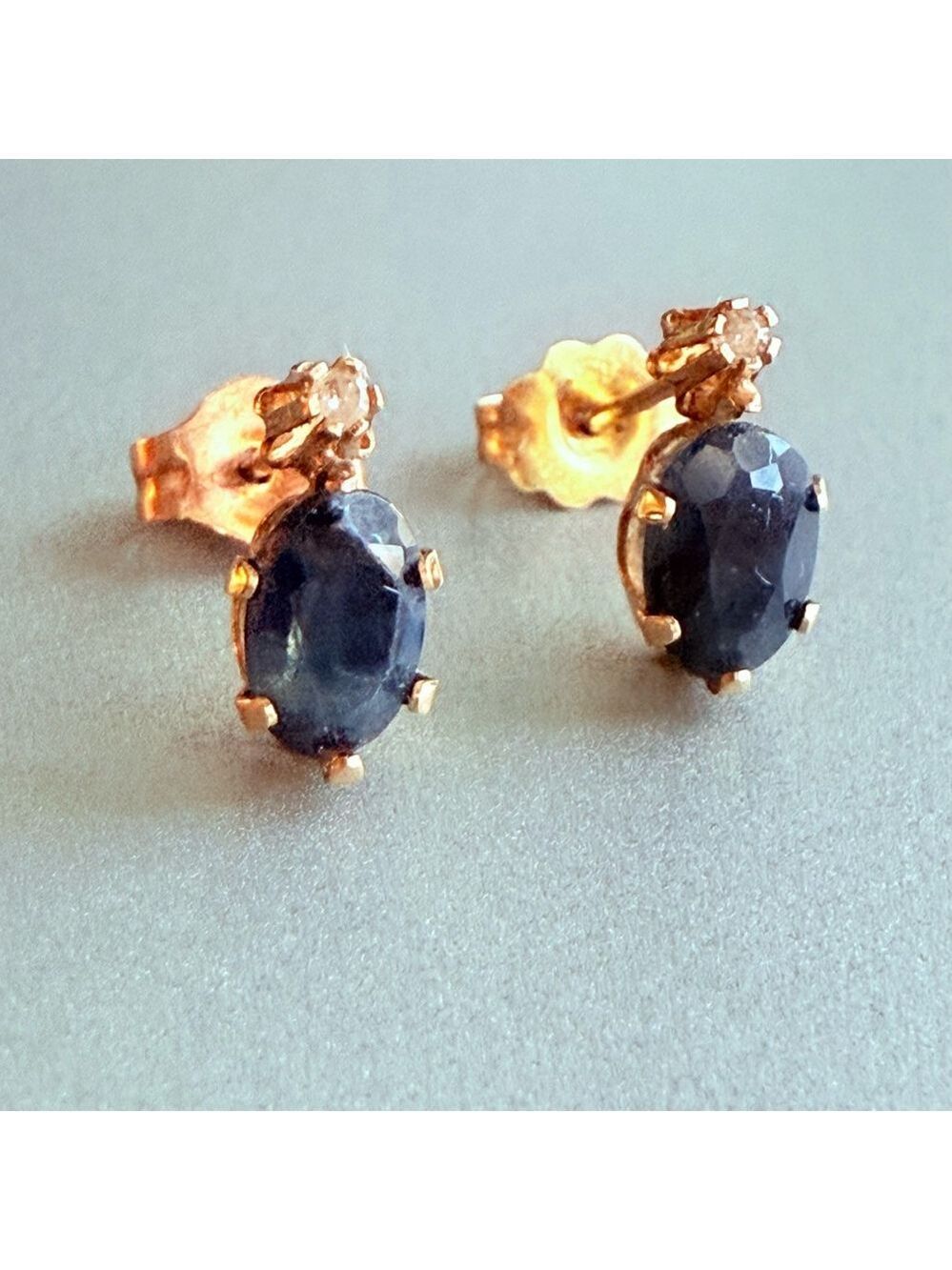 14k Yellow Gold .61 TCW Oval Cut Natural Blue & White Sapphire Earrings